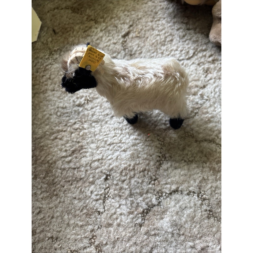 Vintage Steiff Goat Wool Plush Mini Stuffed Animal Germany Yellow Ear Tag Button